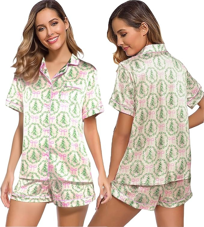 ASTANFY Christmas Pajama Set Womens Silk Satin 2 Piece Pjs Shorts Sleepwear Christmas Button Down... | Amazon (US)