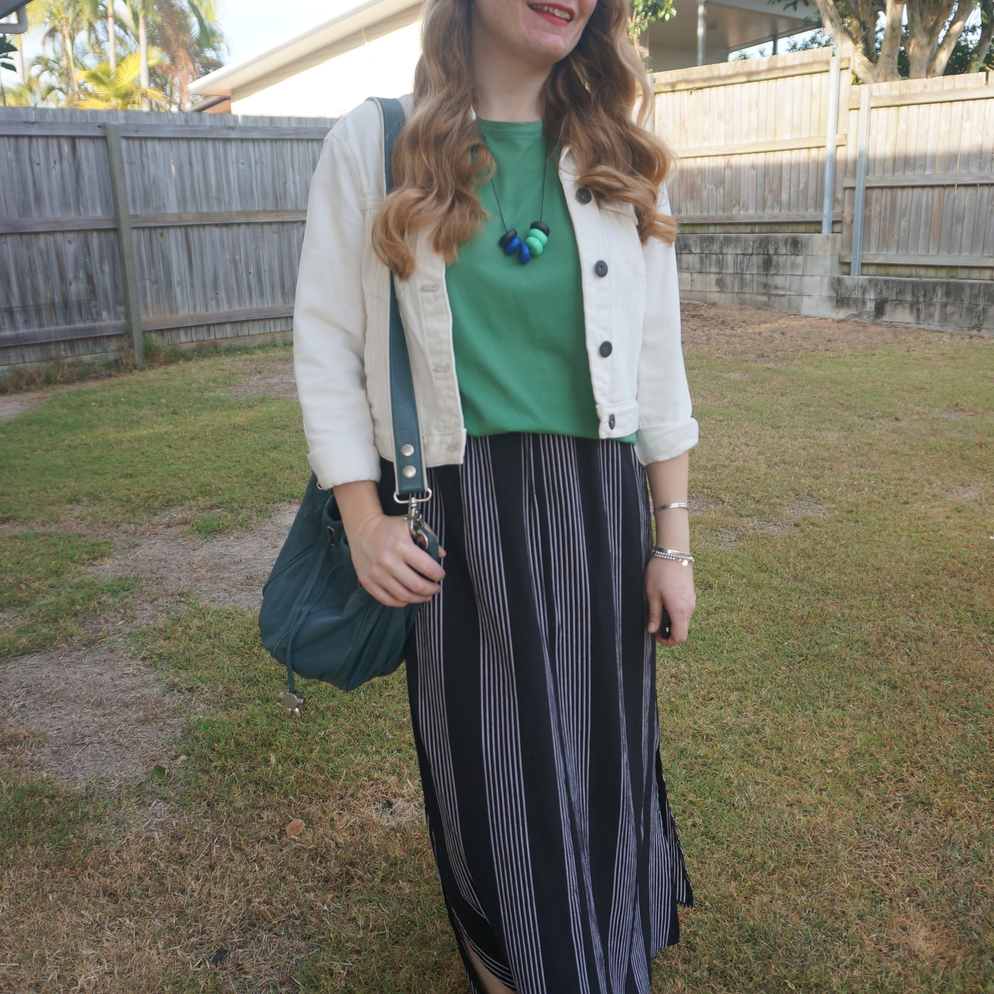 Spring denim jacket season was so short-lived in Brisbane! White denim jacket with green tee, vertical striped maxi skirt and teal Mimco cocoon bucket bag 💚

#LTKbag #LTKaustralia #LTKspring