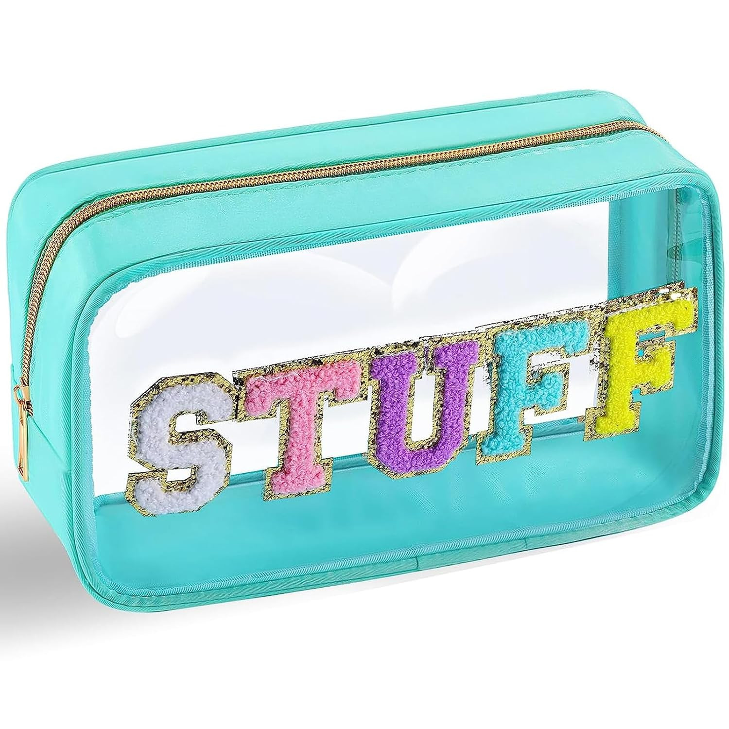 Bolsa de maquillaje transparente con letras de chenilla, de nailon, bolsa de cosméticos con cremallera, bolsa grande de maquillaje transparente de viaje transparente de PVC impermeable, organizador de artículos de tocador para mujeres (azul) | Amazon (US)