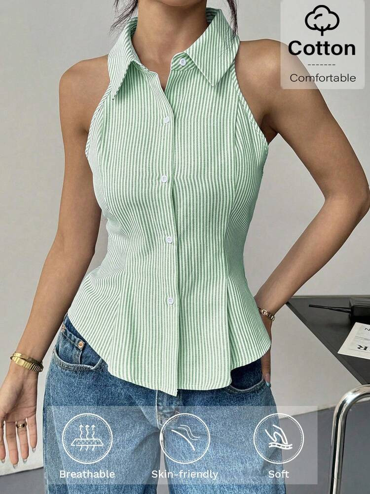 Siren Gaze Summer, Office Wear, European, Striped Sleeveless Tank Top, Boho-Inspired Rave Top For... | SHEIN