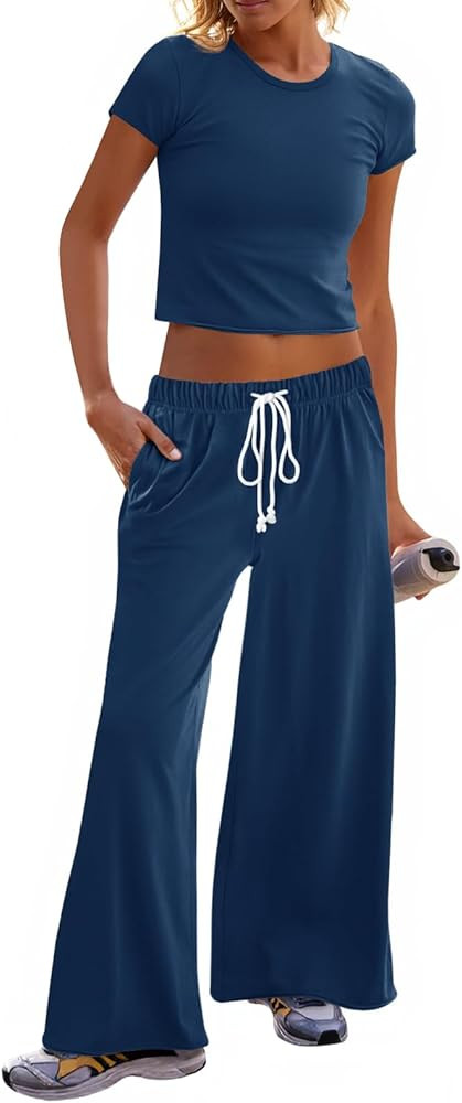 Fisoew Lounge Sets for Women Casual Workout Set Short Sleeve Crop Tops and Wide Leg Sweatpants Tr... | Amazon (US)