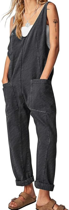 EXLURA Womens Fall High Roller Denim Bib Jumpsuits Casual Loose Overalls Baggy Jeans Romper with ... | Amazon (US)
