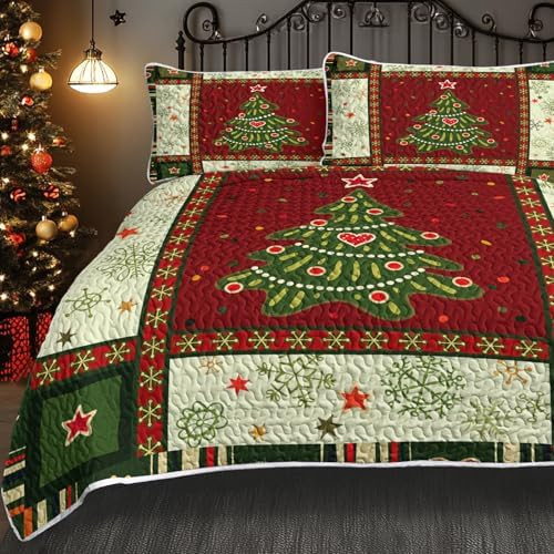 BlessLiving 3 Piece Cute Christmas Tree Quilt Set Red Green King Size Snowflakes Pattern Bedsprea... | Amazon (US)