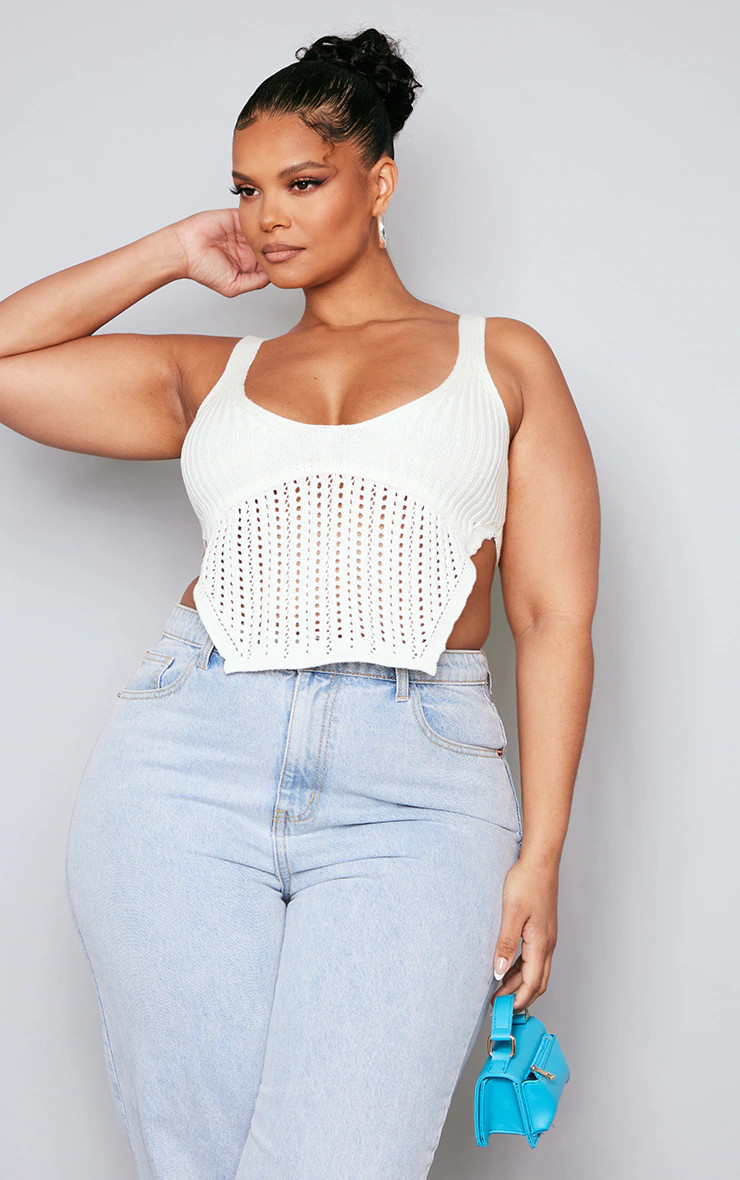 Plus Cream Knitted Corset Top | PrettyLittleThing US