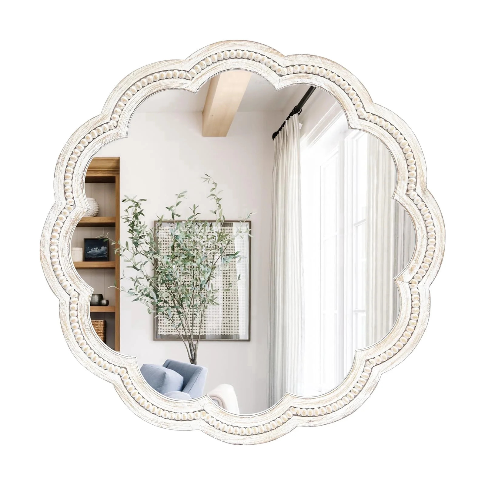 MODE HOME 24 Inch Round Wall Mirror, Whitewashed Wooden Frame with Scalloped Edge & Beaded Trim, ... | Walmart (US)