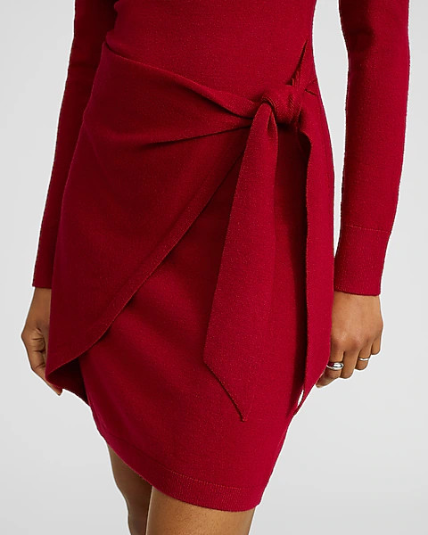 Crew Neck Long Sleeve Wrap Mini Sweater Dress | Express