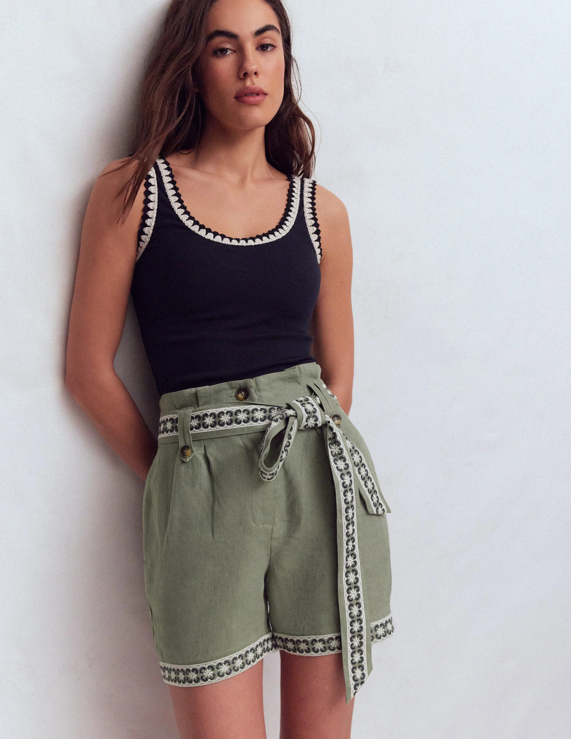 Paperbag Linen Belted Shorts-Agave Green Embroidery | Boden (US)