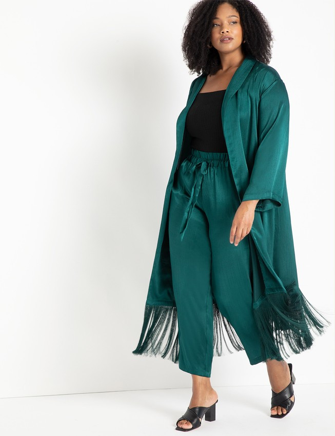 Satin Duster with Fringe Detail - Botanical Green | Eloquii