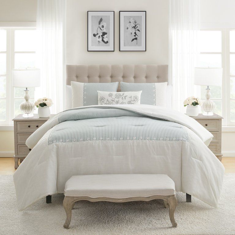 My Texas House Martha Sage Stripes 4-Piece Comforter Set, Full/Queen | Walmart (US)
