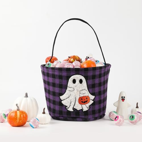 Halloween Bucket, Trick or Treat Basket for Kids Girl Boy Halloween Candy Bucket Gift Basket Canvas Pumpkin Buckets Spooky Boo Baskets Candy Bags Pumpkin Baskets for Party Favor Decorations, Purple | Amazon (US)