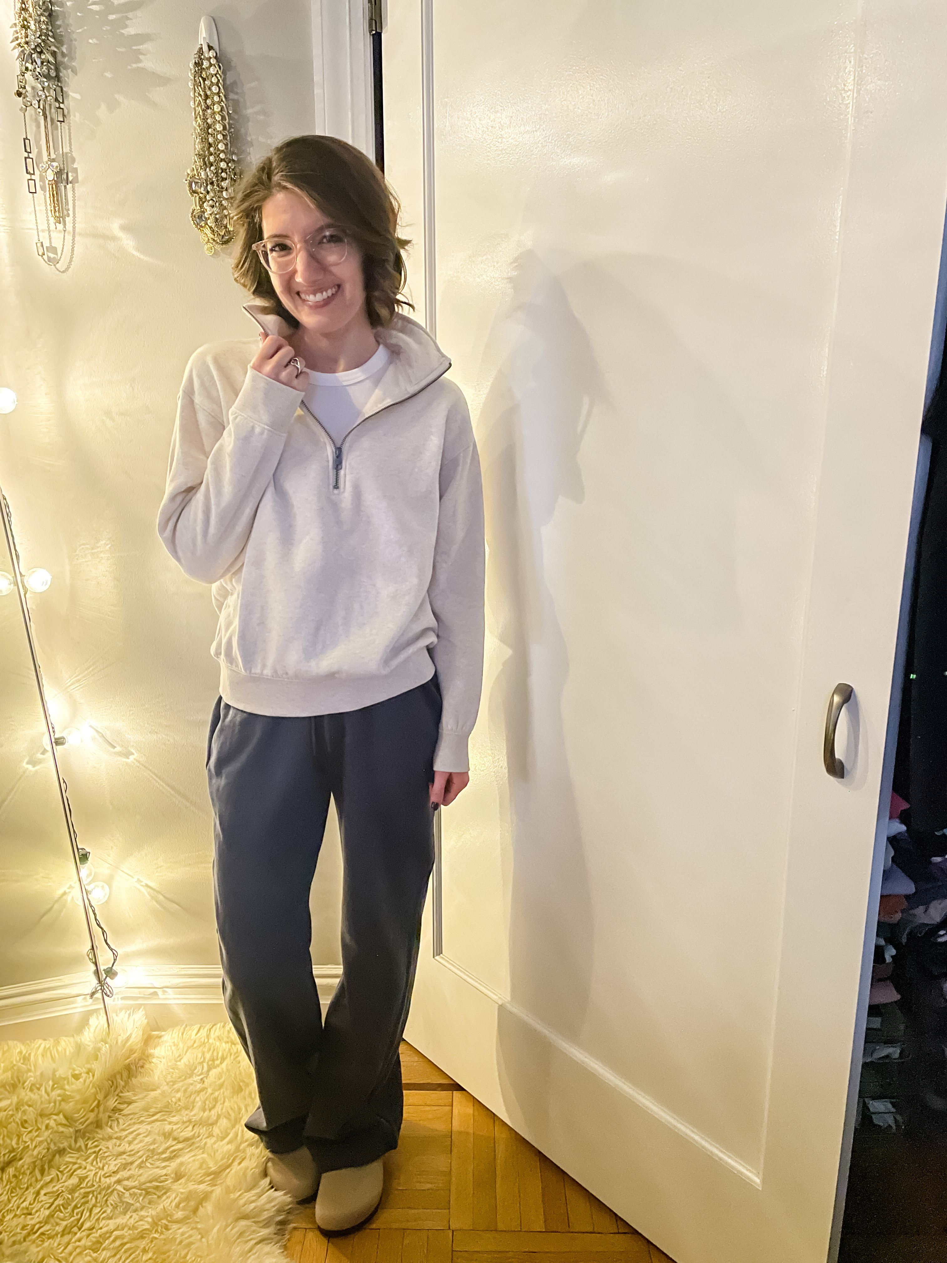 Mock neck : TTS. Don’t out in the dryer
High neck Tank: TTS
High waisted wide leg sweatpants: TTS.  don’t put in the dryer
Shoes: TTS

Weekend outfit | sweatpants outfit | sweatset| New Year’s Day outfit | cozy outfit 

#LTKSeasonal #LTKFitness #LTKStyleTip