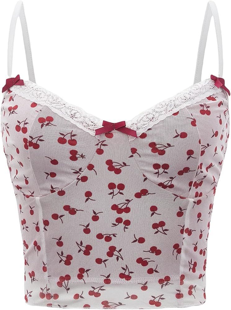 SOLY HUX Women's Cherry Print V Neck Summer Cami Top Bow Lace Trim Sleeveless Summer Crop Tops | Amazon (US)