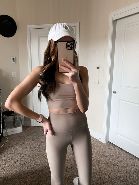 ribbed neutral workout set beach riot from revolve wearing xs in both sports bra and leggings - fits tts // baseball cap is free people movement 

#LTKFind #LTKfit #LTKunder100