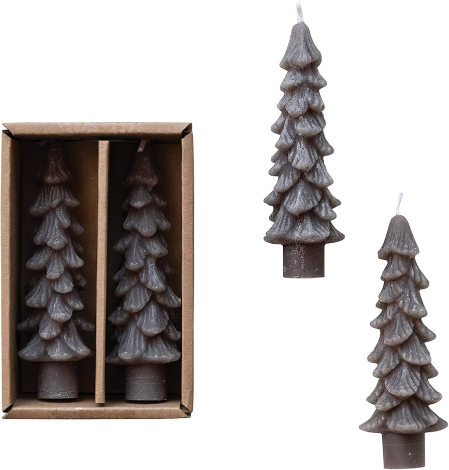 Creative Co-Op Unscented Textured Tree Shaped Taper Candles in Box, Pewter Color, Set of 2 | Amazon (US)