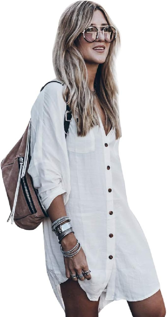 NFASHIONSO Women's Sexy Swimsuit Beach Cover Up Shirt Bikini Beachwear Bathing Suit Beach Dress | Amazon (US)