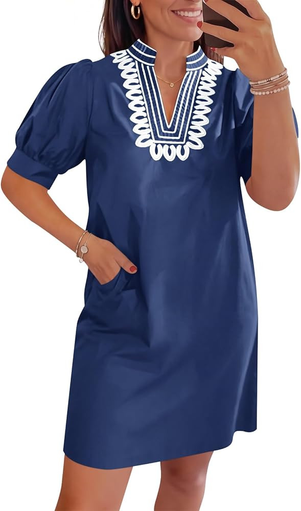 Wenrine Womens Summer V Neck Shift Dresses Puff Short Sleeve Casual Dressy Embroidered Boho Short... | Amazon (US)