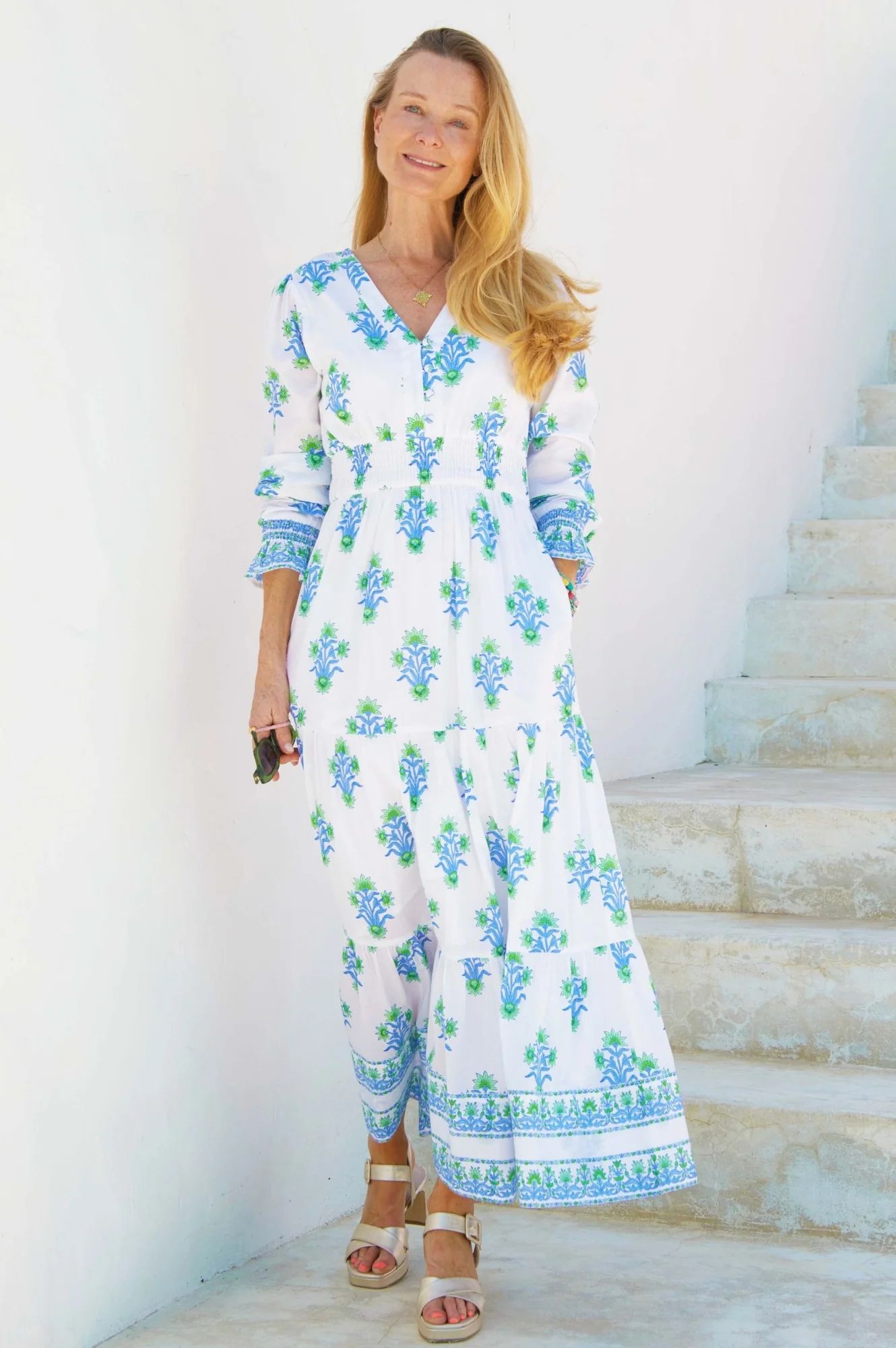 Billie Block Print Dress | White/Blue | Aspiga