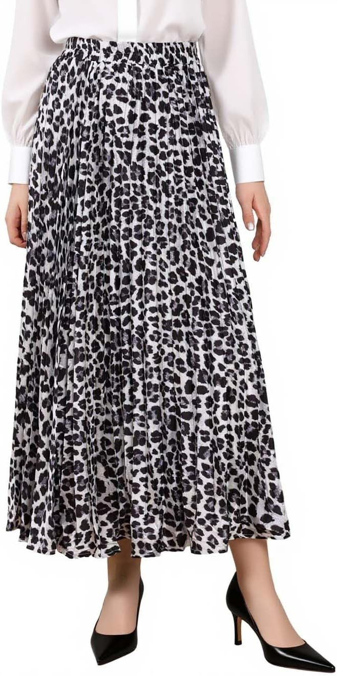 KINGNAM Leopard Print Skirt Silk Textured High Elastic Waist Skirt for Women Midi Long Length Ple... | Amazon (US)