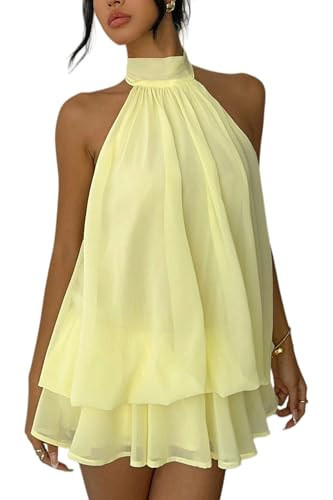 ELLEVEN Women's Backless Halter Mini Dress, Chiffon Summer Party Dress with Built-in Shorts for N... | Amazon (US)