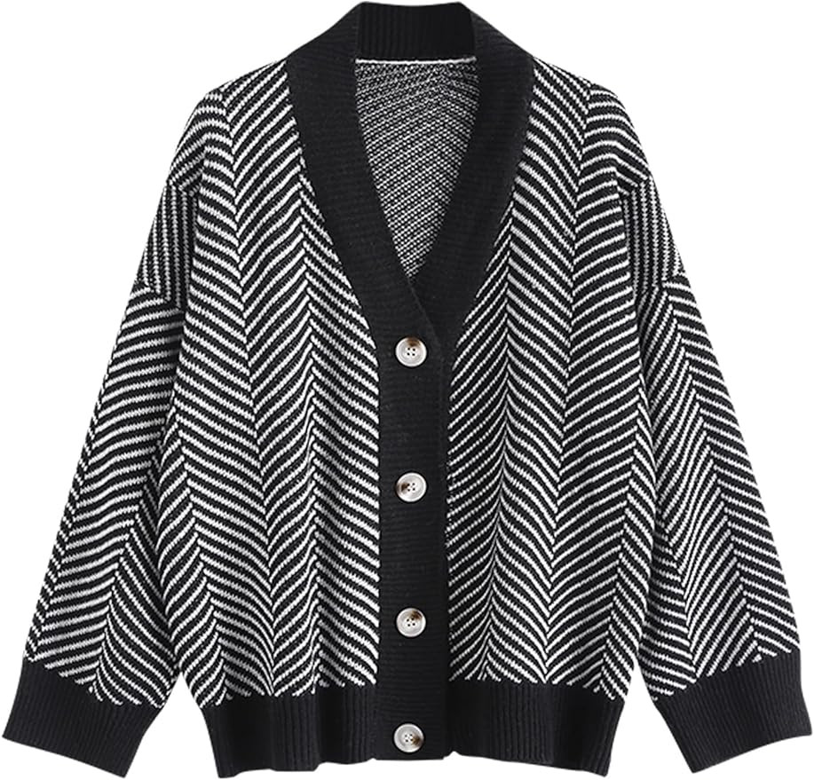 ZAFUL Women's Striped Cardigan Long Sleeve Button Up Open Front Knit Oversized Sweater | Amazon (US)