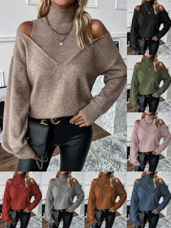 SHEIN Essnce Turtleneck Cold Shoulder 2 In 1 Sweater | SHEIN USA | SHEIN