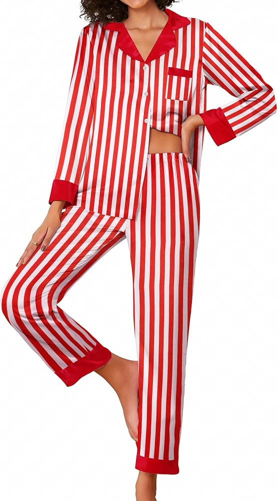 Ekouaer Silk Pajamas Striped Animal Print Satin Pj Sets Button Down Long Sleeve Silky Pjs Sleepwe... | Amazon (US)