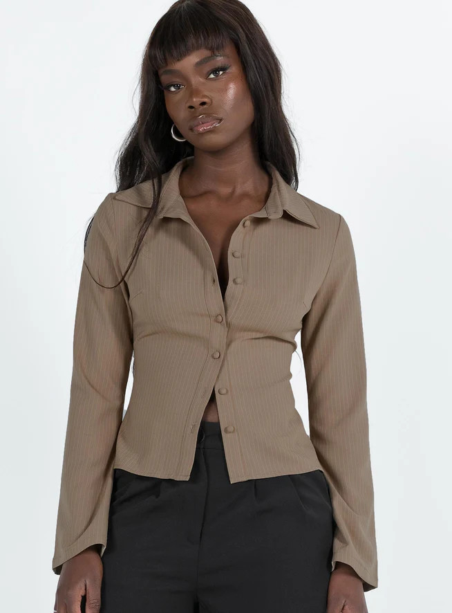 Anni Pinstripe Shirt Beige | Princess Polly US