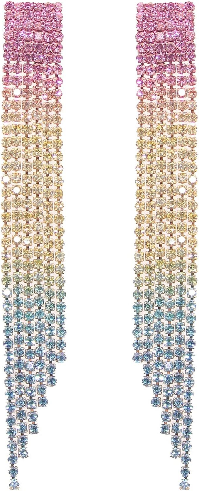 Chandelier Earrings for Women Teen Girls,Long Crystal Tassel Dangly Earrings,Multicolor Fringe Da... | Amazon (US)