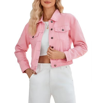 Coolmee Women's Jean Jacket Cropped Shacket Jacket Fashion Button Down Shirt Coat Tops Pink XL | Target