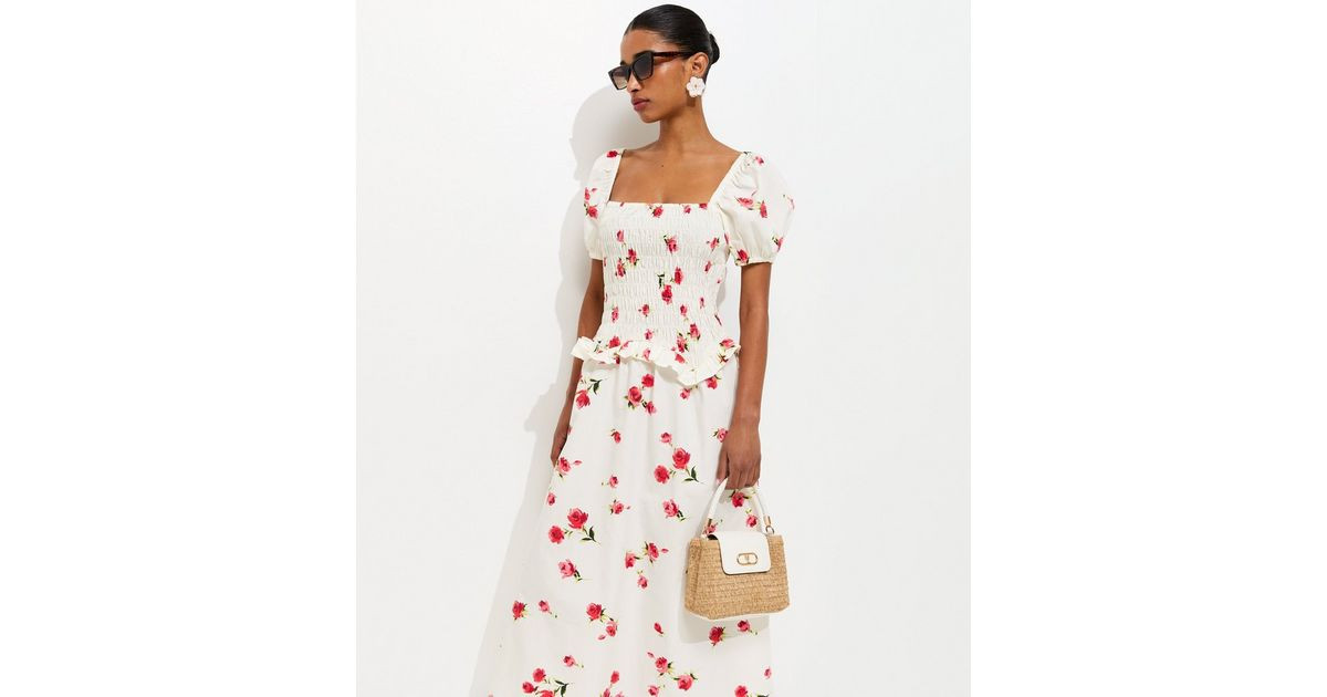 White Floral Print Square Neck Midi Dress | New Look | New Look (UK)