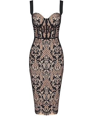 Lace Fishbone Midi Bandage Dress Wedding Guest Dress | Amazon (US)