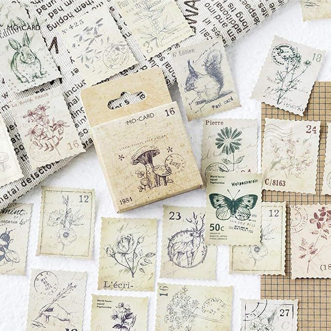 138 Pcs/3 Sets Post Stamp Stickers Retro Cute Plants/Animals Decorative Sticker Square Adhesive S... | Amazon (US)