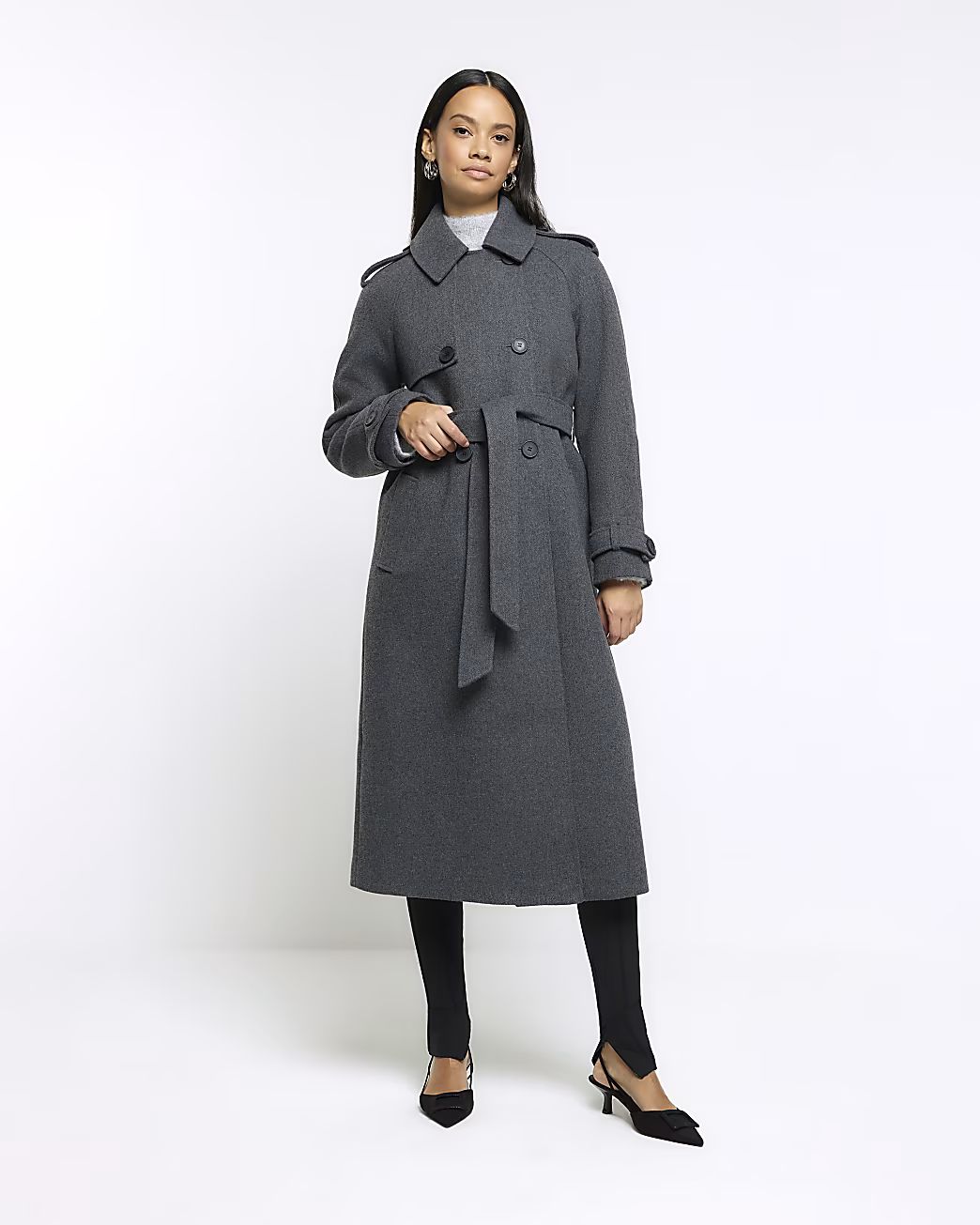 Grey belted longline trench coat | River Island (UK & IE)