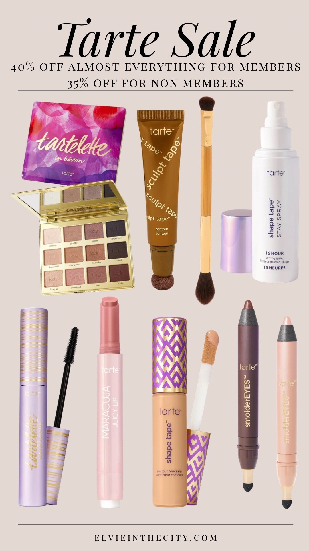 Save up to 40% on beauty favorites from Tarte, including the Tartelette In Bloom palette, sculpt tape, a double ended blending brush, Shape Tape Stay Spray, mascara, Maracuja Juicy Lip, Shape Tape concealer, and Smolder Eyes.

Beauty favorites, beauty sale, makeup must haves, over 40, over 50