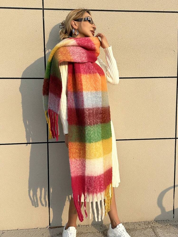 1pc Women's Warm Thick Knitted Check Pattern Fringe Scarf, Autumn Winter Lightweight Soft Comfort... | SHEIN