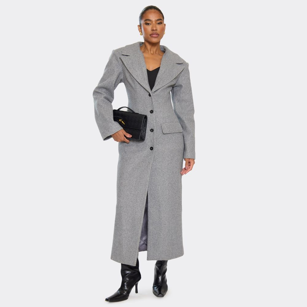 Long Sleeve Cinched Waist Blazer Wool Look Maxi Coat In Grey | EGO (UK)