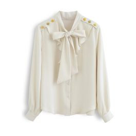 Buttoned Shoulder Ruffle Bowknot Shirt in Ivory | Chicwish