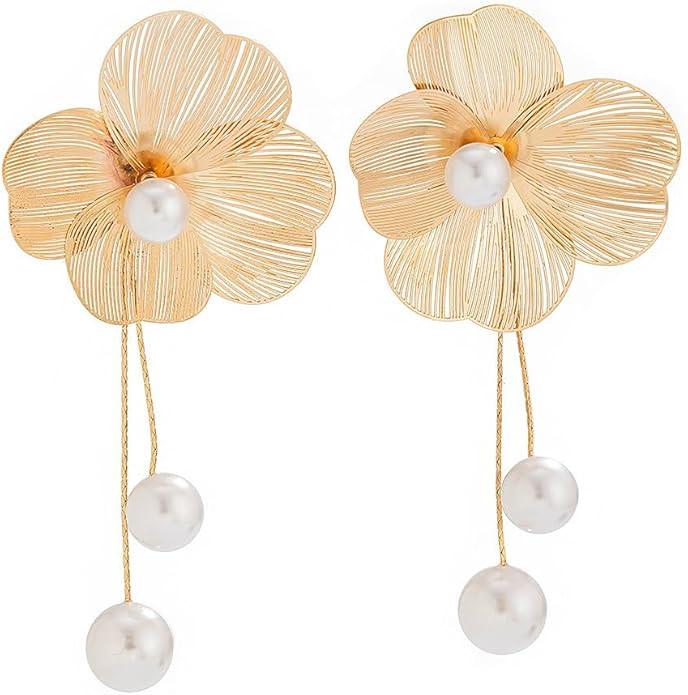 Gold Flower Pearl Dangle Earrings for Women Bohemia Vintage Large Floral Beads Dangling Earrings ... | Amazon (US)