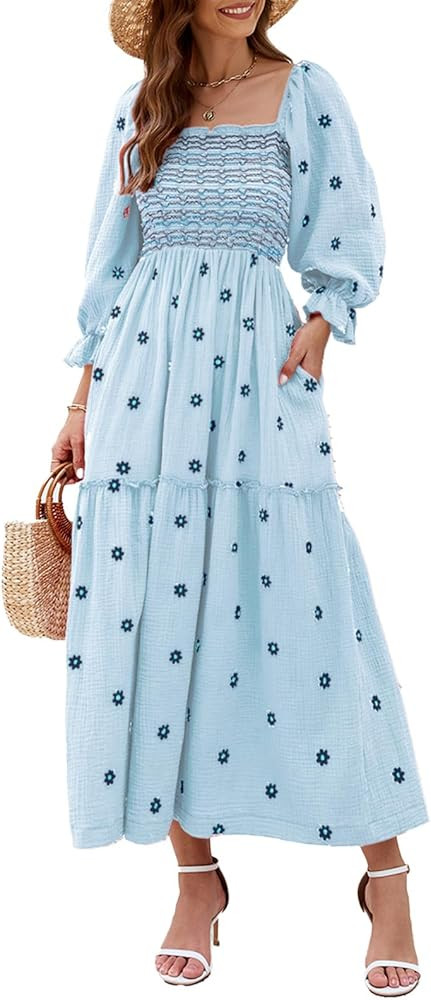 Women Floral Embroidered Maxi Dress Long Puff Sleeve Square Neck Bohemian Flowy Dress with Pocket... | Amazon (US)