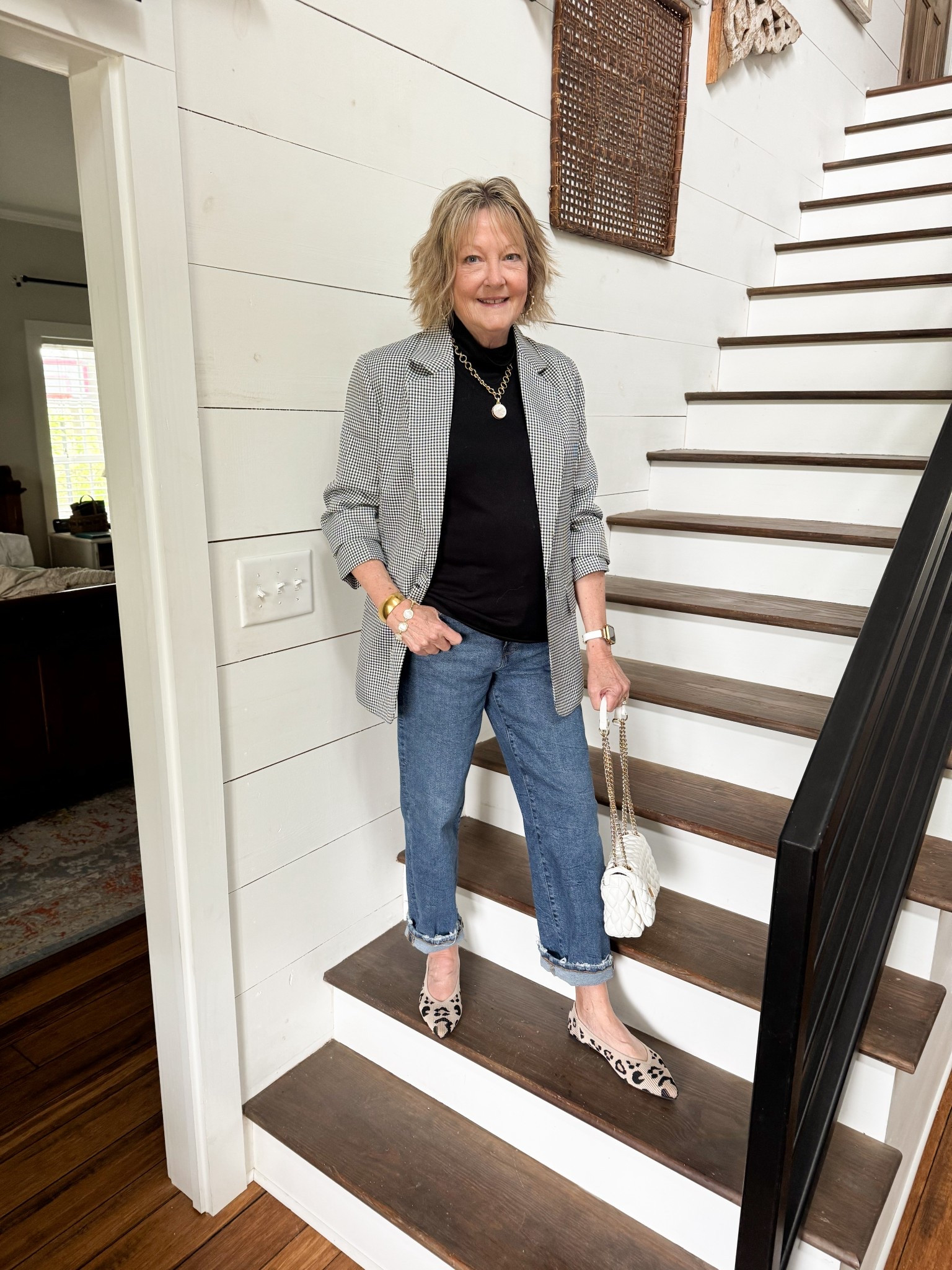 Casual Spring Style - Houndstooth Black & White Blazer with Jeans and animal flats  

#LTKSeasonal #LTKOver40