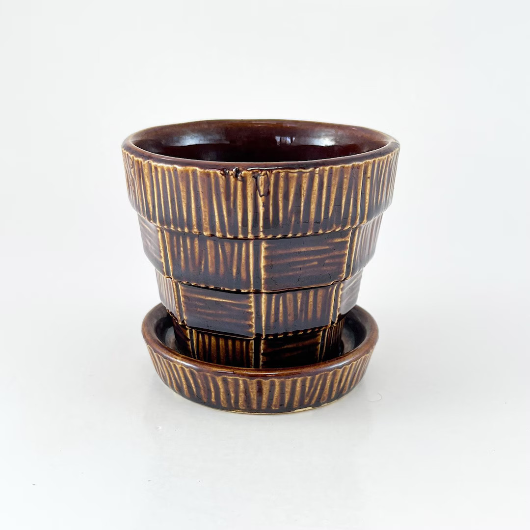 FREE SHIPPING! Vintage Brown McCoy Basketweave Planter: Mid-Century Modern Pottery | Etsy (US)
