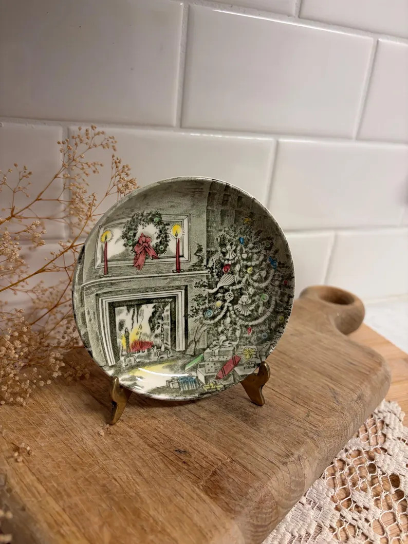 Vintage Johnson Brothers Christmas Butter Pat Plate | Christmas Tree Fireplace England Transferwa... | Etsy (Global)
