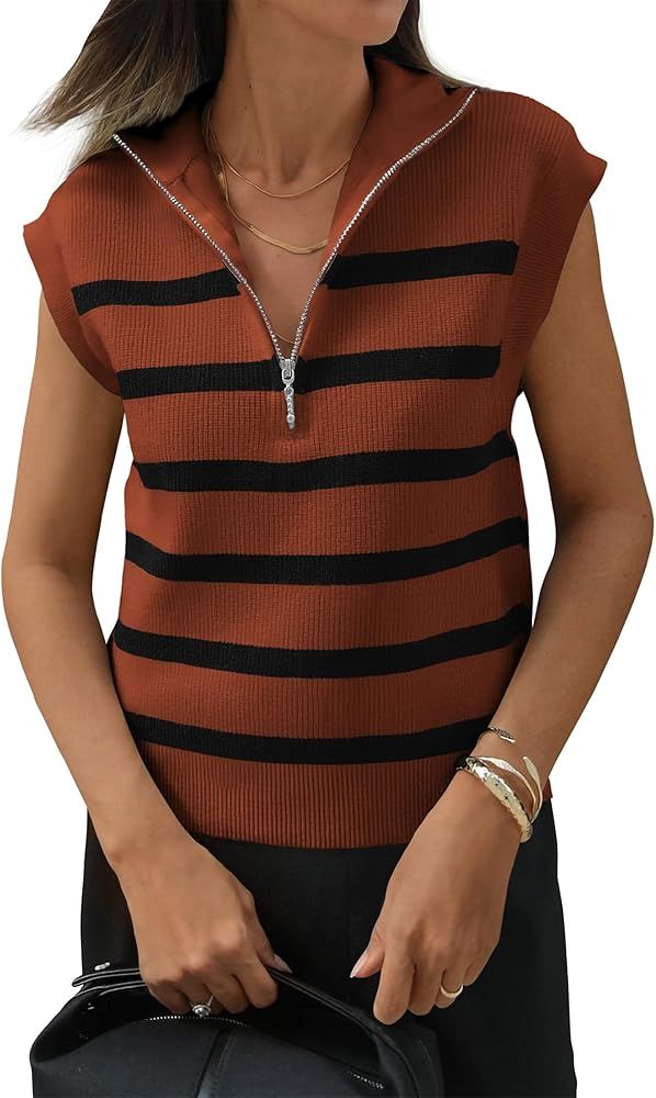 PRETTYGARDEN 2024 Summer T Shirts for Women Casual 1/2 Zip Cap Sleeve V Neck Striped Knit Tee Top... | Amazon (US)