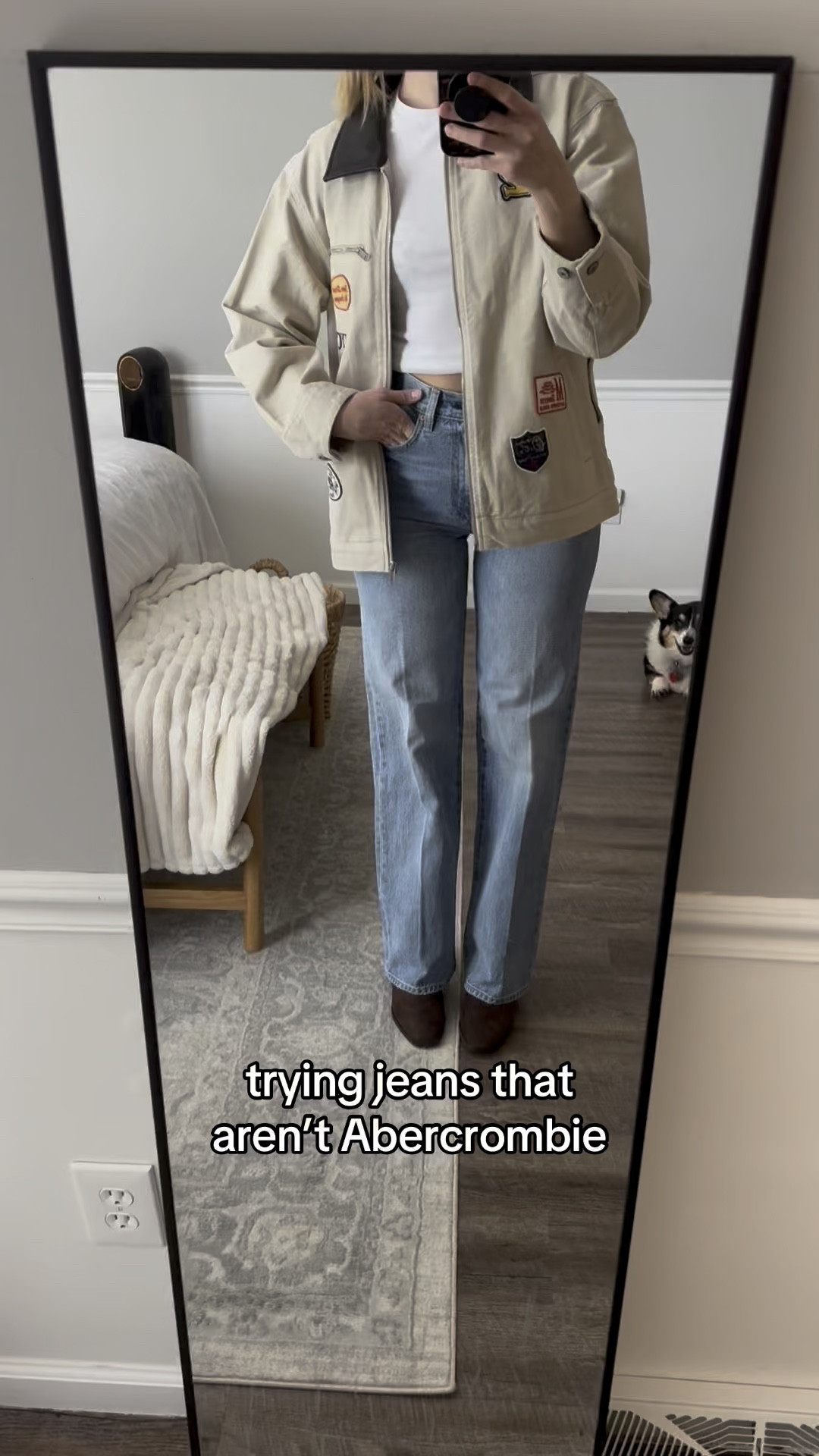 Barn jacket on clearance rn + 20% off when you shop in the app!! Sized up to a medium for an oversized fit. Amazing quality. Tee is TTS, I have it folded under. Aritzia Farrah jeans are true size long (26L - I’m 5’7”) in the color 7 years

#LTKFindsUnder100 #LTKSaleAlert