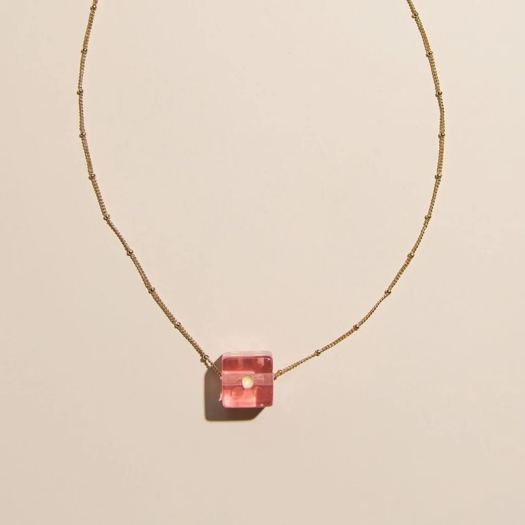 Pink Dice Charm Necklace | Nickel and Suede