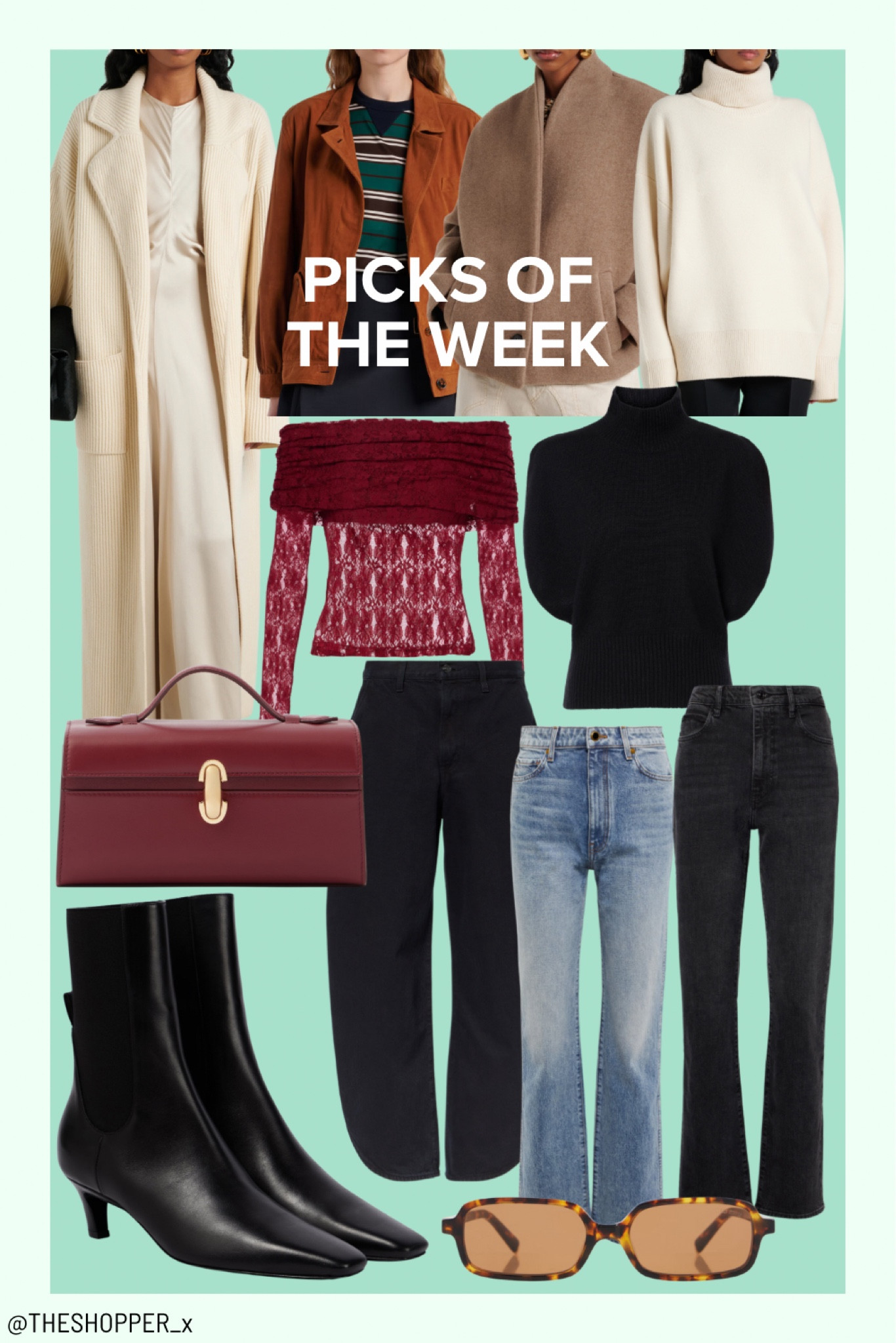 Picks Of The Week
Blue jeans, red mini handbag, maxi ribbed cardigan, brown sunglasses, wool blend coat, suede bomber jacket, high rise straight leg jeans, lace top bardot, cashmere top in black, turtleneck jumper, barrel leg jeans, leather ankle boots in black

#LTKwinter #LTKluxury #LTKeurope