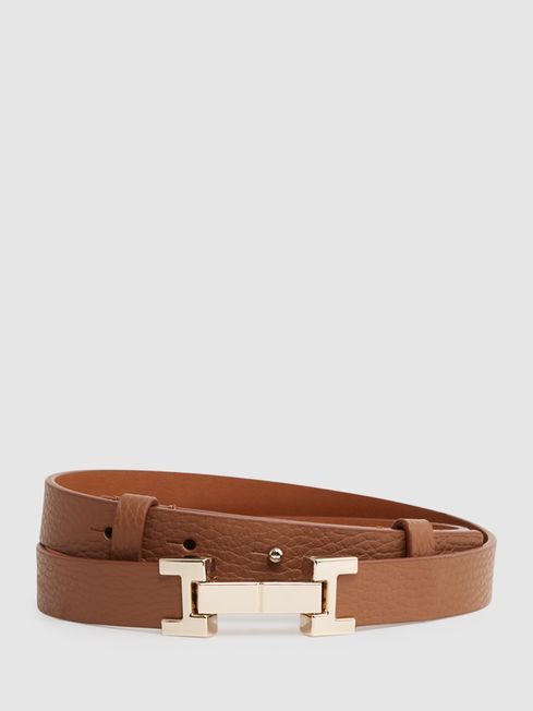 Reiss Tan Hayley Leather Square Hinge Belt | Reiss US