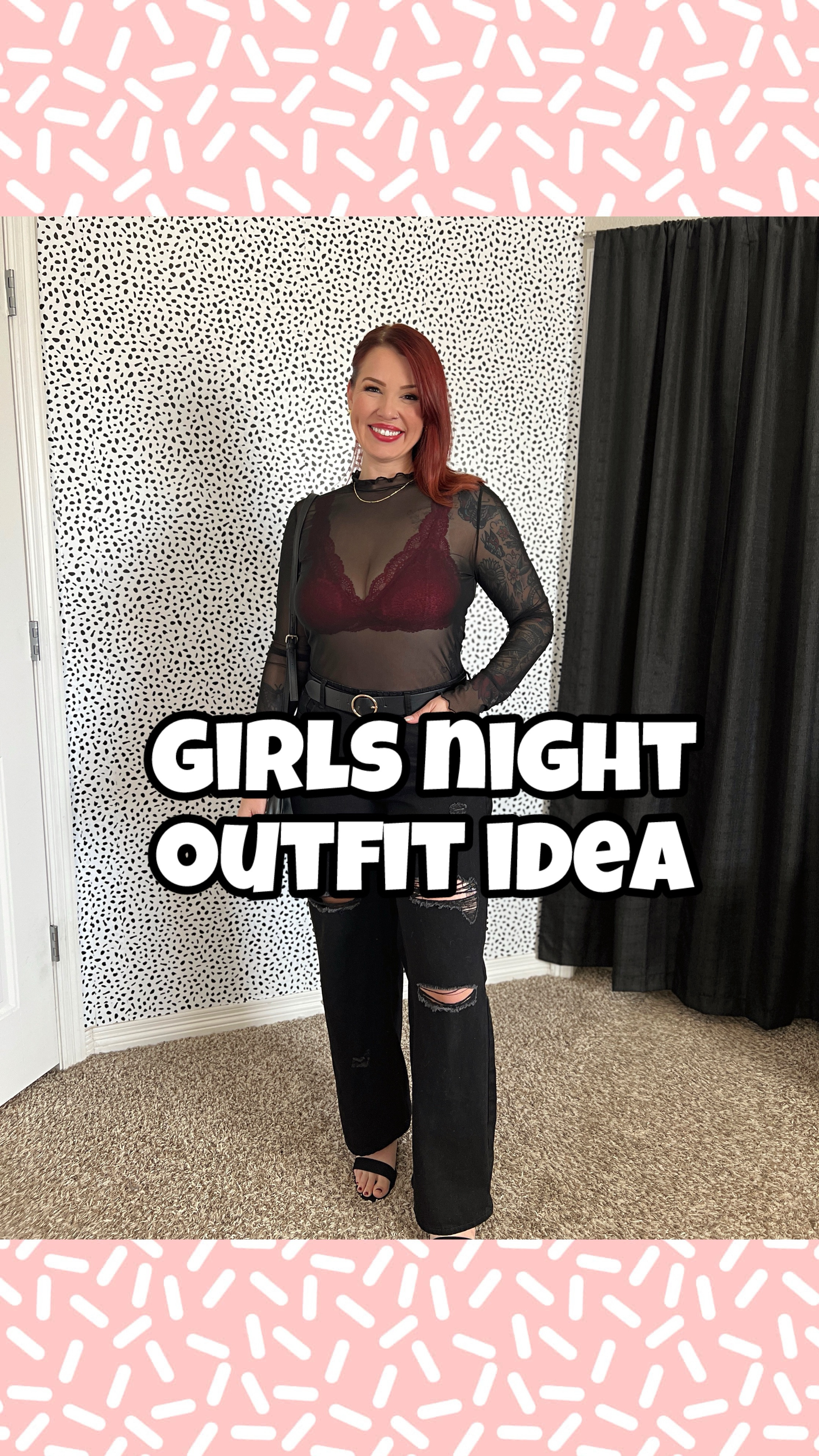 🖤😍 Edgy girls night outfit with a see through top and red lace bra (for a pop of color). Paired with a belt, wide leg jeans (distressed) and some open toe strappy black heels. Added some cute gold earrings and grabbed a black shoulder bag & ready for a fun night out 🖤

Black long sleeve: wearing a large
Bra: large
Jeans: size 12 (true to size).

I am 5’6”, 168 lbs 

#LTKSeasonal #LTKMidsize #LTKParties