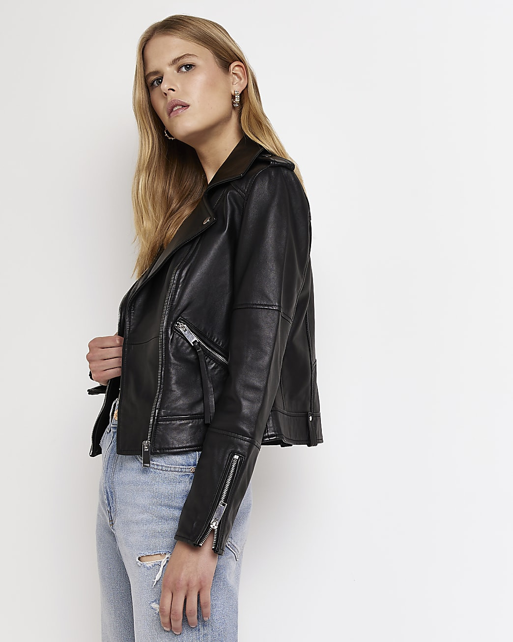 River Island Womens Black Real Leather Biker Jacket | River Island (UK & IE)