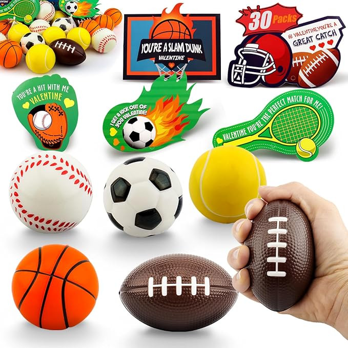Valentines Cards for Kids Classroom, 30 PCS Valentines Day Cards with Sports Stress Balls, Valent... | Amazon (US)